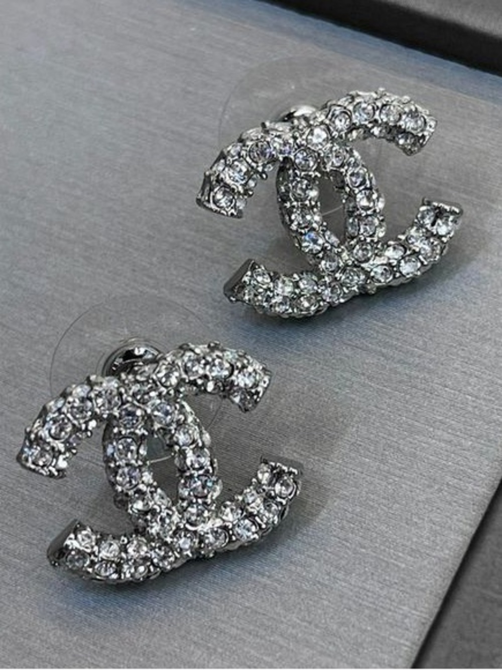 CC Silver Crystal Interlocking Logo Stud Earrings
